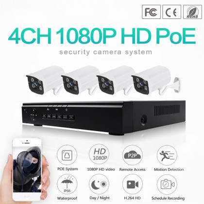 2.0 Megapixel 4CH 1080P Ethernet Cable POE NVR Kit IP66 Waterproof POE CCTV System