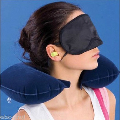 Inflatable Soft Head Neck Rest Compact Air Cushion Pillow For Flight Travel blue