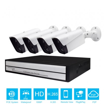 4CH 1080P H.265 POE NVR CCTV System 2MP Outdoor IP66 IP Camera P2P Onvif Motion Detect APP View Security Surveillance Kit
